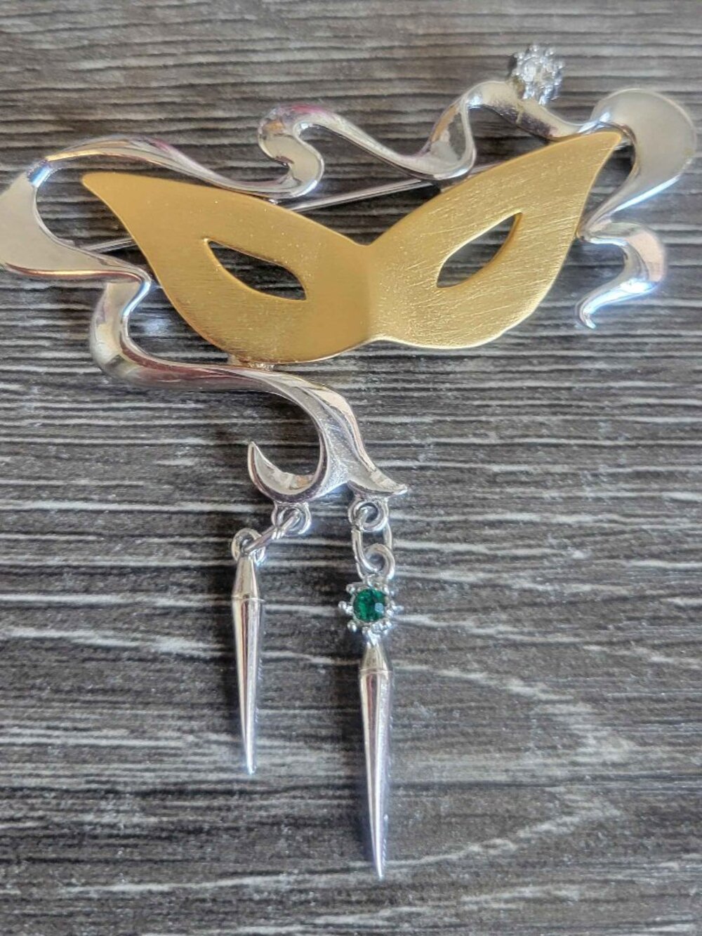JONETTE JEWELRY, masquerade mask brooch with dangles